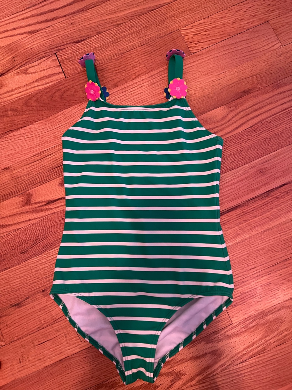 Mini Boden Green and White Striped One-Piece Swimsuit with Pink Flower Straps
